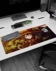 Megumin and Chomusuke desk pad from KonoSuba, 36x16 inches, featuring dramatic and unimpressed expressions in warm sunset tones.