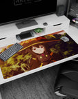 Megumin and Chomusuke from KonoSuba on 40x20 inch desk pad, capturing a dramatic, unimpressed vibe with warm sunset tones.