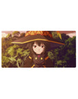 Anime mouse pad 32x16 inches featuring Megumin from KonoSuba holding Chomusuke, with warm sunset tones and sarcasm.