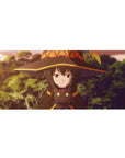 Megumin and Chomusuke from KonoSuba desk pad, 36x16 inches, featuring a sunset theme and Megumin's iconic unimpressed expression.