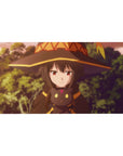 Megumin and Chomusuke on 40x20 inch anime desk pad from KonoSuba, capturing a sarcastic, cozy sunset mood.