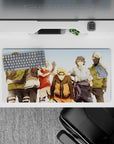 Sunny anime mouse pad 32x16 inches in warm oranges and soft greens, nostalgic friends vibe.