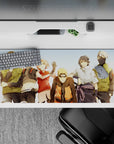36x16 inches anime desk pad in sunny oranges and soft greens, cozy nostalgic vibe with white cloak pop.