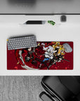 28x12 inches anime girl mouse pad in deep wine, crimson petals, black-red frills, and flying shell casings.