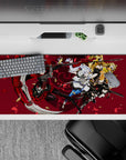 36x16 inches anime desk mat in deep wine, black and red petals, loud fast action vibe with shell casings.