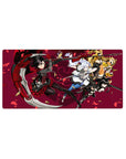32x16 inches anime girl mouse pad with four heroines in action over crimson petals on a wine-red backdrop.