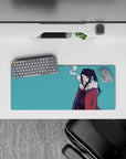 Moody teal anime desk mouse pad 28x12 inches with red accents, calm half-lidded vibe and smoke curl.