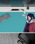 Moody teal-and-red anime girl desk pad 40x20 inches with clean shading and cool smoky vibe.