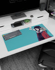 Half-lidded anime girl smoking on mouse pad 32x16 inches, red coat and white fur collar.