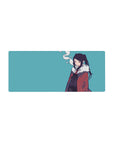 Anime girl mouse pad 28x12 inches with clean line art, red coat, white fluffy collar, teal background.