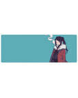 32x12 inches anime girl mouse pad with minimalist line art, red coat and fluffy white collar.