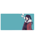 Anime girl mouse pad 32x16 inches with teal background, red coat, and fluffy white collar art.