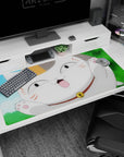 40x20 inches anime desk pad showing goofy lucky cat bursting into frame, paws up, open-mouth grin.