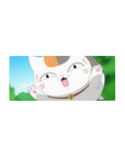 28x12 inches anime mouse pad with chubby lucky cat close-up, paws up, toe beans out, bell collar.