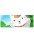 Anime mouse pad 32x12 inches featuring a chubby lucky cat close-up with paws up and bell collar.