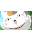 Anime desk pad 40x20 inches with chubby lucky cat close-up, toe beans out, collar bell, blue sky.