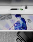 Pastel lavender and pink anime desk pad 36x16 inches, airy spring mood with gentle highlights.