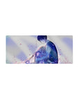 28x12 inches anime mouse pad with romantic couple hug, blue jacket boy and blonde girl, soft petals.