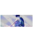 Anime mouse pad 32x12 inches with romantic hug scene, blue jacket boy and blonde girl, petals backdrop.