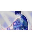 Anime desk pad 40x20 inches with hugging couple, pink petals, soft gradients, clean spring composition.