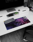 28x12 inches mouse pad showing a dreamy galaxy scene with sprinkled stars over soft purple clouds.