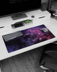 Galaxy scene mouse pad with violet clouds and scattered stars, 32x16 inches.