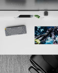 Blue smoky action background on a 14x10 inches anime mouse pad, white armor pops with battle scuffs.
