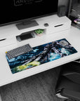 32x12 inches anime mouse pad of Gundam Wing Zero aiming twin blasters at the desk, wings spread wide.