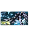 32x16 inches anime mouse pad with Wing Zero mecha, flared wings, glowing cannons, and scuffed white armor.