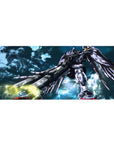 36x16 inches anime desk pad with Wing Zero mecha, flared wings, glowing cannons, and battle-scuffed armor.