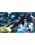 Gundam Wing Zero anime desk pad 40x20 inches with flared wings, glowing cannons, and scuffed white armor.