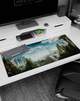 Serene 36x16 anime desk mat with waterfalls, floating islands, and towering cliffs, perfect for inspiring adventure and creativity