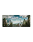 Mythical world 28x12 mouse pad with floating islands, towering cliffs, and waterfalls for a calming yet adventurous workspace atmosphere