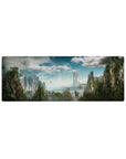 Mythical world 32x12 mouse pad featuring towering cliffs, waterfalls, and floating islands for an inspiring and peaceful desk setup
