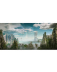 Mythical world 36x16 desk pad featuring waterfalls, towering cliffs, and floating islands for a serene and mysterious workspace atmosphere