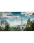 Mythical world 40x20 desk pad featuring towering cliffs, waterfalls, and floating islands for a serene yet adventurous landscape