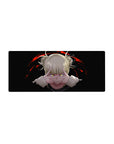 Mouse pad featuring Himiko Toga, 28x12 inches, capturing her piercing eyes and sinister energy in a red, dynamic design.