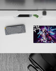 Moody violet 14x10 inches anime mouse pad in cyan glow and purple tones, arcade-lit cyber vibe.