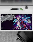 32x16 inches neon purple and cyan desk mat, moody dark violet background with electric arcade glow anime art.