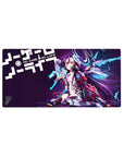 32x16 inches anime girl mouse pad with cyber neon headset, cyan rings, and shattered wing blades on violet.