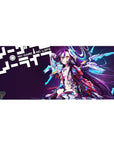 Cyber neon anime girl desk pad with headset, cyan rings, and wing-like shards, 36x16 inches.