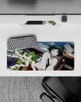 Cute calming 28x12 inches anime mouse pad in cool teal and sky tones, rich colors, soft flustered vibe.