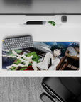 32x12 inches anime girl mouse pad in cool teal and sky tones, calm cute chaos, rich colors all day.
