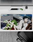 32x16 inches anime desk mouse pad in cool sky tones, deep teal hair and violet eyes for calm cute chaos.