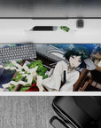 36x16 inches anime desk pad in cool sky tones, deep teal hair and violet eyes, calm cute chaos vibe.