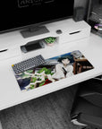 Wide-eyed anime shrine maiden mouse pad 28x12 inches, teal-haired girl leaning close in white kimono and red hakama.