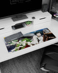 32x12 inches anime girl mouse pad showing wide-eyed teal-haired girl leaning close, flustered cheeks, charm collar.