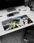 32x16 inches mouse pad showing wide-eyed anime girl leaning close, flustered cheeks, hair clip, and charm collar.