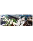 32x12 inches anime girl mouse pad with shrine-side kimono girl, red hakama, violet eyes, swirling streamers.