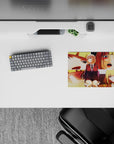 Warm gold and peach anime girl mouse pad 14x10 inches, cozy chaotic vibe with dramatic shadows and blush.